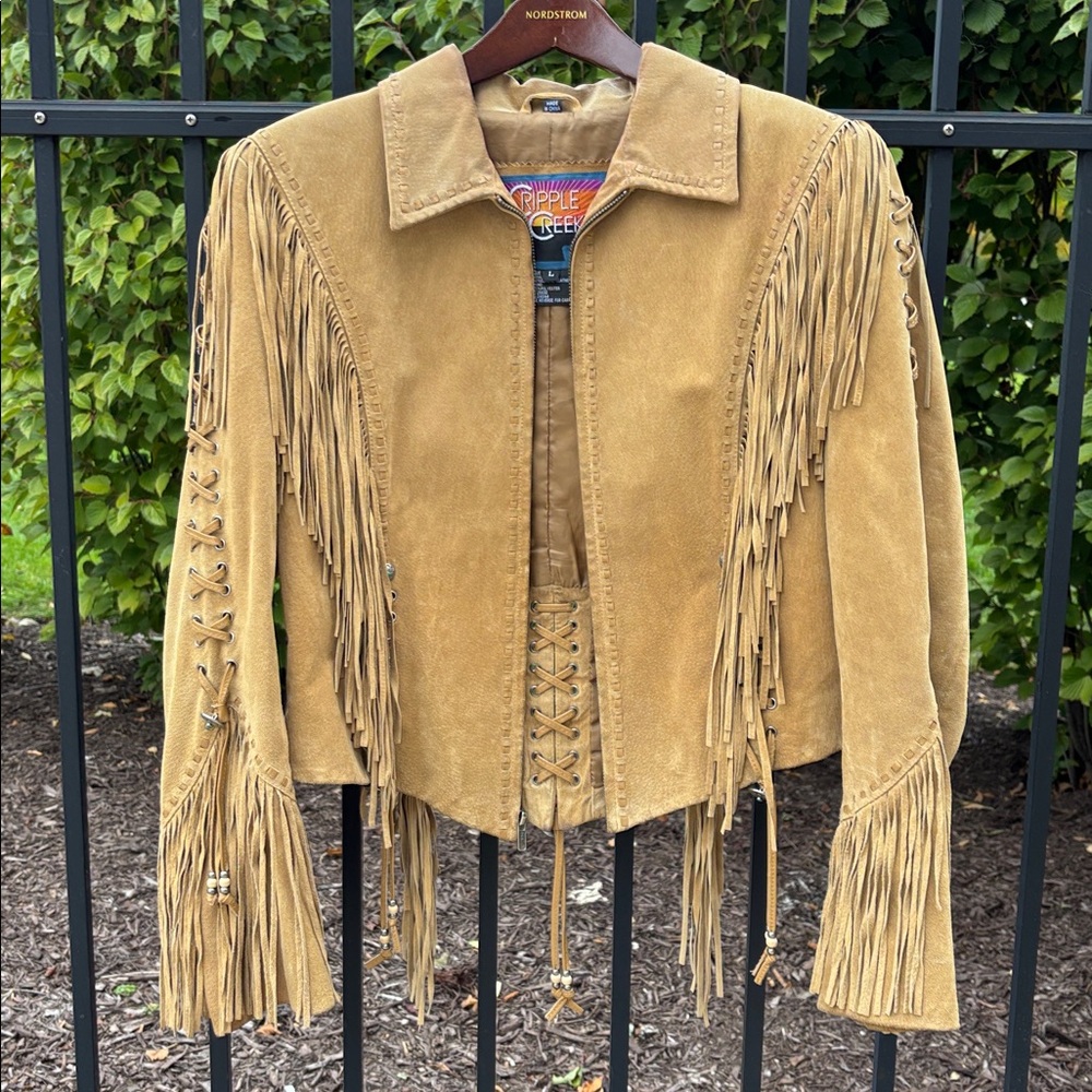 EUVC Rare Cripple Creek M L tan suede braided fringe leather coat VTG